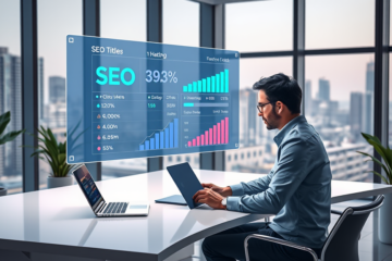 Professional marketer analyzing SEO titles and engagement data on a transparent digital screen in a modern office for higher clicks and better eCPM