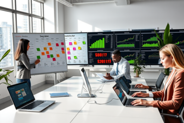 Three professionals collaborating on a 30-day SEO marketing plan in a modern office with multiple monitors displaying analytics and charts.