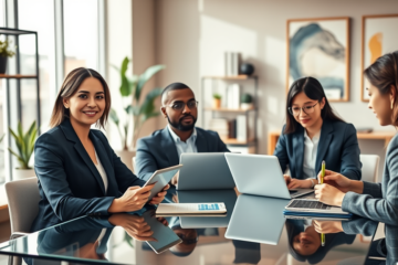 Professional diverse team in a modern office building trust during a client meeting with warm lighting and engaged expressions