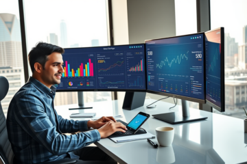 Professional analyzing SEO competitor dashboards on dual monitors in a modern office to find high-eCPM lead generation opportunities
