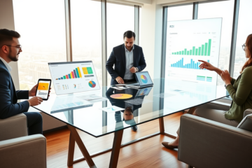 Diverse professionals analyzing customer data and marketing ROI charts in a bright modern office to optimize customer value
