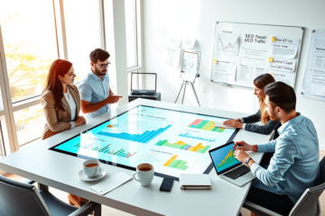 Team collaborating in a modern office on SEO marketing strategy with digital touchscreen displaying traffic and eCPM data charts.