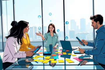 Diverse team collaborating on a social media communication strategy in a bright, modern office with digital devices and holographic display