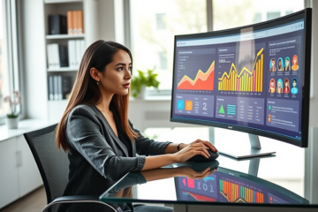 Young professional woman analyzing SEO conversion optimization data on a curved monitor in a modern bright office environment