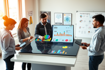 Diverse marketing team collaborating in a bright office with touchscreen table and SEO conversion strategy analytics dashboard