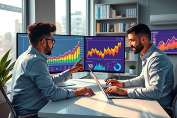 Two marketing professionals analyzing detailed SEO and eCPM growth charts on multiple monitors in a modern, naturally lit office