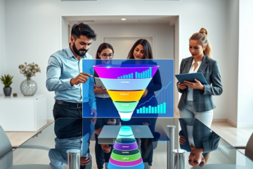 Marketing team in a modern office using a digital touchscreen showing a colorful sales funnel graphic for sales funnel optimization and higher conversions.