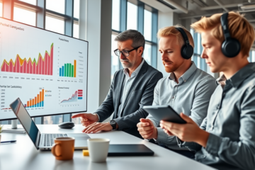 Team of professionals optimizing an SEO campaign for higher eCPM with detailed analytics on digital screens in a bright modern office