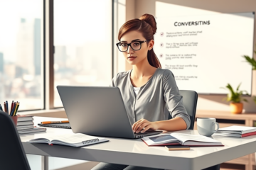 Professional woman focused at modern office desk with laptop and whiteboard showing ten copywriting tips for boosting lead generation conversions