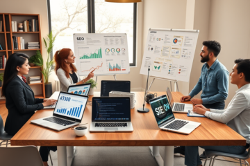 Diverse professionals collaborating around a table with laptops and whiteboard to plan SEO content strategy for higher rankings and revenue