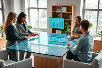 Diverse digital marketing team analyzing product audience research and SEO analytics on a transparent touchscreen in a modern bright office