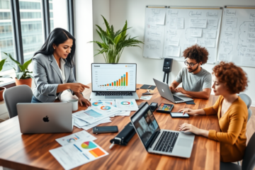 Team of digital marketers collaborating in a bright office on SEO content strategy using laptops and analytics reports to increase reach and eCPM