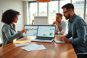 A diverse team collaborating on SEO strategy optimization for higher eCPM in a bright modern office with analytics on laptops and whiteboard diagrams