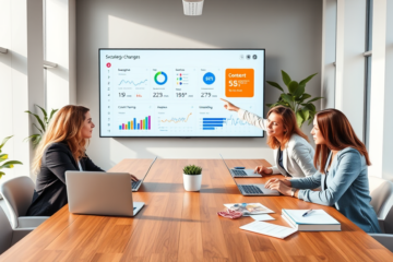 Diverse digital marketing team collaborating around a table with laptops and a touchscreen showing 8 social media strategy changes to improve results