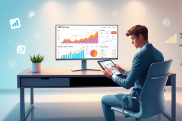 Modern digital marketing workspace showing a marketer analyzing SEO strategy dashboards to improve eCPM and growth