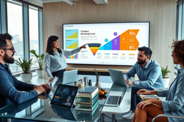 Diverse marketing team collaborating on a digital content marketing strategy around laptops and a touchscreen display showing SEO analytics and content funnel