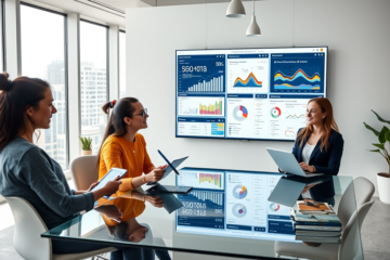 Digital marketers collaborating in a bright modern office analyzing purchase decision insights on a large SEO conversion data dashboard