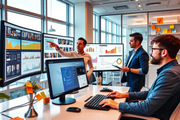 Professional marketers optimizing ad creatives in a modern office with colorful performance dashboards for higher eCPM and fast attention