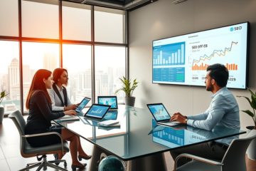Diverse professionals in a modern office analyzing colorful SEO analytics on digital devices to optimize offers for higher conversions