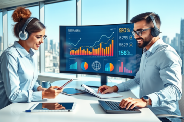 Diverse digital marketing team using AI marketing tools on a curved monitor in a bright office to boost SEO traffic and revenue