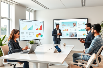 Team of diverse digital marketers collaborating in a bright office on customer retention strategy with charts and digital whiteboard visuals