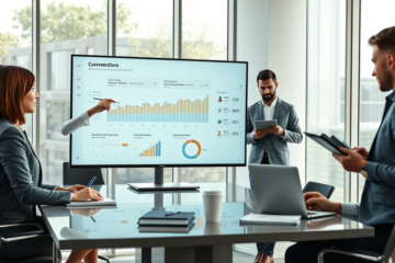 Team of professionals collaborating in a modern office on website conversion optimization using analytics and SEO data for higher revenue
