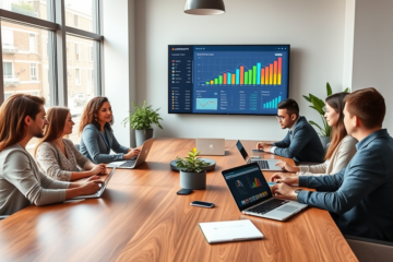 Diverse marketing team in a modern office analyzing SEO data and revenue growth charts during a brand recall strategy meeting.
