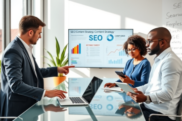 A diverse team in a modern office collaborating on SEO content strategy with digital charts and devices to boost high eCPM