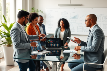 Diverse professionals in a bright modern office engaged in consultative selling strategy discussion for higher conversions