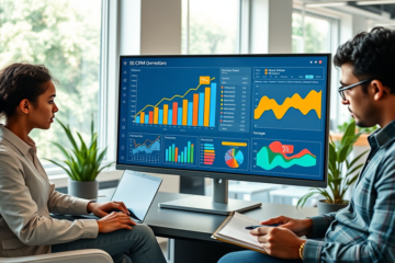 Diverse digital marketing team analyzing colorful SEO conversion optimization charts on a monitor to boost eCPM and sales in a modern office
