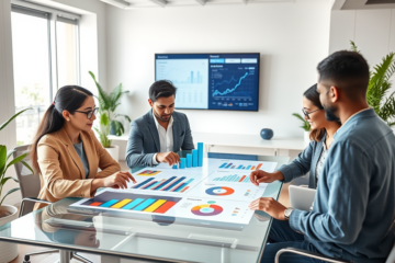 Professionals collaborating in a modern office using digital touchscreen and laptop showing customer value tracking and SEO data for higher eCPM