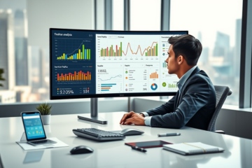 Young professional using SEO competitor analysis tool on a widescreen monitor in modern office to optimize lead generation and traffic