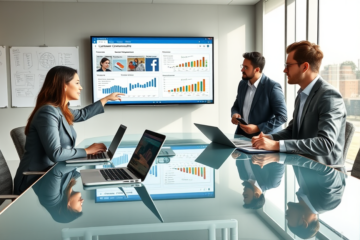 Team of professionals collaborating on a customer communication audit with digital devices and SEO analytics in a bright modern office