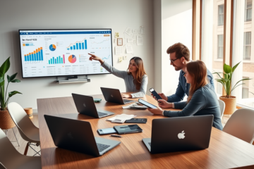 Digital marketing team in a modern office collaborating on an SEO content strategy for higher eCPM and viral reach with laptops and data charts