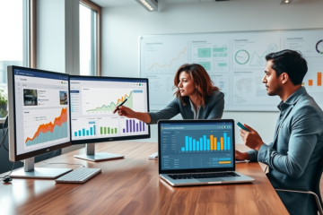 Digital marketing team in modern office analyzing ad optimization charts and SEO data on multiple monitors for higher eCPM and SEO.