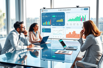 Diverse marketing team analyzing colorful SEO measurement dashboards on a large screen in a modern office for better marketing results