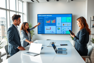 Team of diverse professionals collaborating in a modern office with digital devices and monitor displaying website conversion optimization analytics