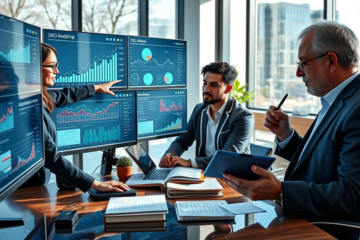 Three professionals collaborating in a modern office using multiple screens displaying SEO analytics and ad revenue graphs for higher eCPM