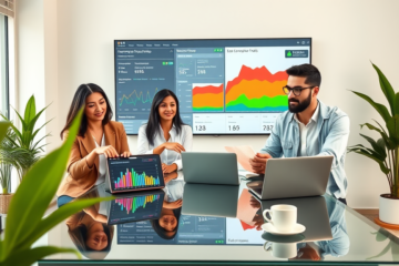Diverse team collaborating in a bright office using laptops and digital graphs displaying SEO services lead generation and high-value traffic metrics