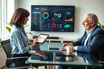 SEO consultant and client in a bright office reviewing conversion analytics on tablet and monitor during a professional meeting