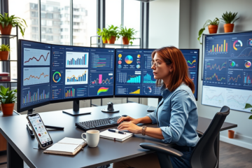 Professional woman performing a detailed SEO targeting audit at a modern office desk with multiple analytics screens displaying traffic and keyword data