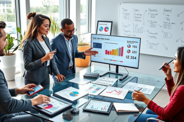 Business professionals brainstorming customer retention strategy around a glass table with digital analytics and charts in a bright modern office