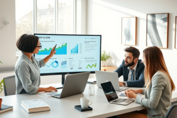 Digital marketing team collaborating in a bright office using graphs and analytics on a monitor to optimize SEO campaigns for higher eCPM results