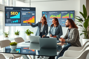 Professionals collaborating in a modern office, analyzing SEO and high eCPM charts to optimize brand choice on social media