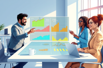 Diverse team collaborating around a digital table with SEO analytics charts in a bright modern office strategizing leads for higher sales and eCPM