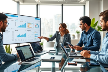 Team of digital marketers conducting an SEO audit in a modern office to fix customer loss and boost results with analytics on screens