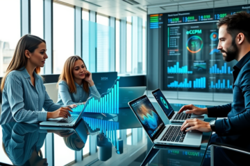 Team of professionals using AI marketing tools with holographic SEO and eCPM data in a modern office setting