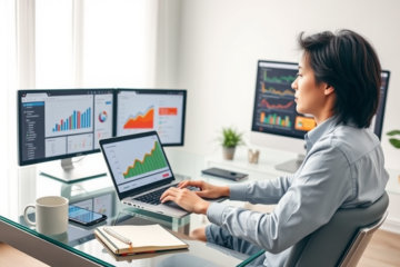 Focused professional in a bright home office optimizing SEO content on multiple devices for higher eCPM and better social media results