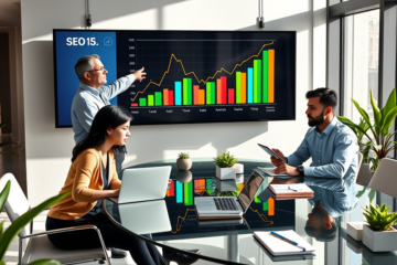 Diverse team collaborating in a modern office with digital sales graphs showing SEO sales growth boosting daily sales and ad revenue