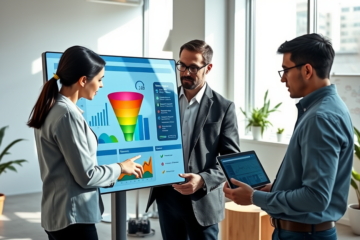 Diverse professionals collaborating around a digital sales funnel dashboard in a bright modern office focused on sales funnel optimization